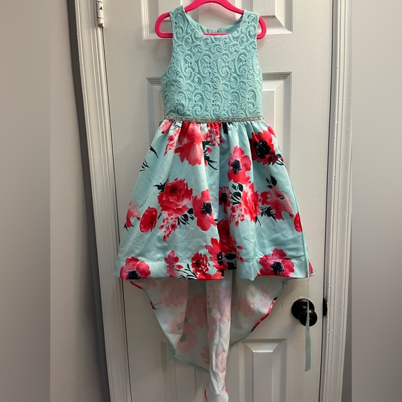 Rare Editions Aqua Lace Bodice Dress with Floral Skirt - Picture 1 of 1